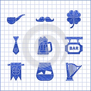 Set Wooden beer mug, Glass of whiskey, Harp, Street signboard with inscription Bar, Four leaf clover and party pennant