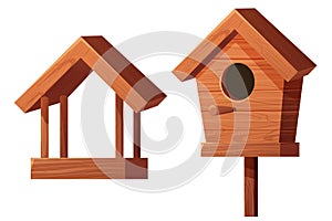 Set wooden bird feeder and bird house with roof, hole and seeds in cartoon style isolated on white background. Hanging