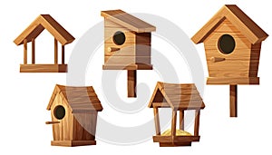 Set wooden bird feeder and bird house with roof, hole and seeds in cartoon style isolated on white background. Hanging