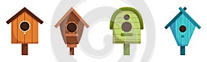 Set of Wooden Bird Houses, Colorful Feeders of Different Design with Slope Roof. Birdhouses, Home or Nest