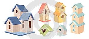 Set of Wooden Bird Houses, Two-storied and Three-story Wood Colorful Birdhouses, Home or Nest with Slope Roof and Fence