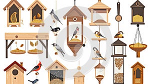 A set of wooden birdfeeders, feeding boxes, hanging trays with birds eating, pecking seeds, grains, cereals in winter