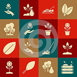 Set Wooden box for fruits and vegetables, Plant, Flower in pot, Lawn mower, Hand holding flower, Trees, and Flowers icon