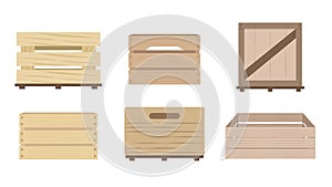 Set of wooden boxes in cartoon style. Vector illustration boxes for storing things, vegetables, fruits on white background