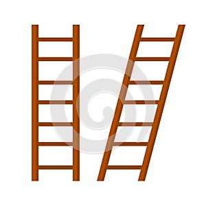 Set of wooden brown stairs. Go up to the top level. Straight and inclined objects. Rustic country Equipment