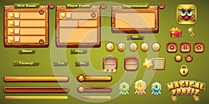 Set wooden buttons, progress bars, bars objects, boosters