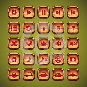 A set of wooden cartoon buttons for the user interface of computer games and web design