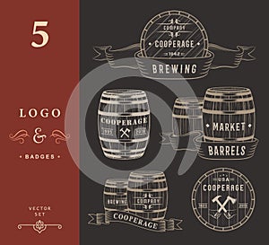 Set Wooden Casks Badges and Cooperage Logo