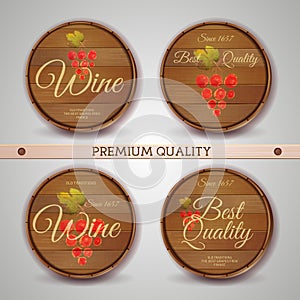 Set of wooden casks with wine label