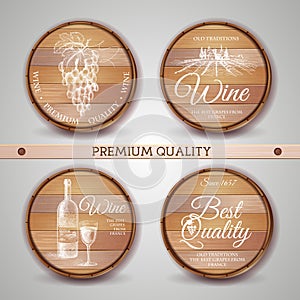 Set of wooden casks with wine label photo