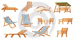 Set of wooden chaise lounge summer beach furniture vector illustration isolated on white background