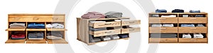 Set of wooden chest of drawers for storing clothes isolated on a white or transparent background. Chests of drawers with