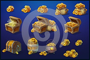 Set of wooden chests, cauldron, barrel, bag