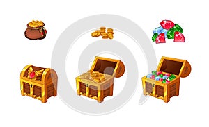 Set of wooden chests with coins and gems for the game UI