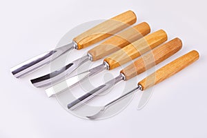 Set of wooden chisels for carving wood, sculpturing tools