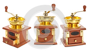 Set wooden coffee mill with gold-plated metal isolated on white