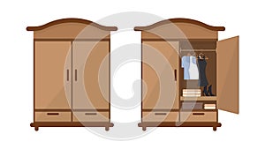 Set of wooden cupboards in cartoon style. Vector illustration of closed and open wardrobe with clothes hangers and shoes for home