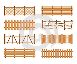 Set Wooden different garden fences. Rural fencing wood boards construction photo
