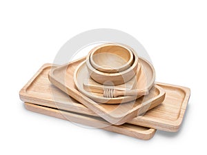 Set of wooden dishware isolated on white with clipping path