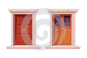 Set wooden doors with window, stone door frame in cartoon style isolated on white background. Closed modern entrance