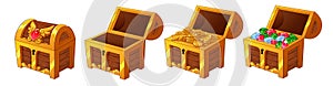 Set of wooden golden chests with coins and diamonds for the game UI.