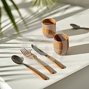 a set of wooden-handeld silverware