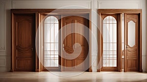 Set of wooden interior doors on a white background. Isolated