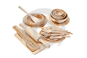 Set of wooden kitchen utensil isolated on white
