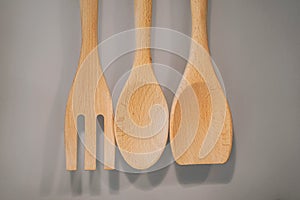 Set of wooden kitchen utensils.