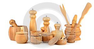 Set of wooden kitchen utensils isolated on white