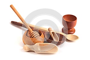 Set of wooden kitchen utensils isolated on white background