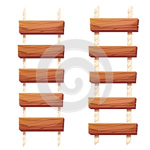 Set Wooden ladder with rope, planks hanging, staircase in cartoon style isolated on white background, Bridge, game road.
