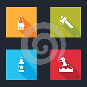 Set Wooden log, axe, Beer bottle and Flying duck icon. Vector