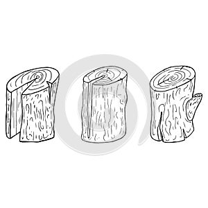 Set of wooden logs. Vector illustration of a wooden stump. Wood texture. Block of wood with the cut twig isolated on white backgro