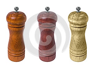 Set of wooden pepper mills on a white background. isolate Wood mills for peper. Different color of the tree