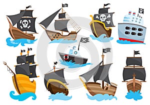 Set of Wooden pirate buccaneer filibuster corsair sea dog ship icon game, isolated flat design. Color cartoon frigate