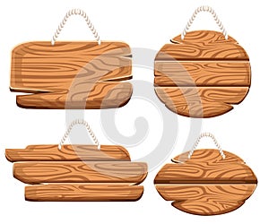 Set of wooden plaques on rope in cartoon style. Wooden sign board collections. Wood sign old road planks set. Isolated on white ba