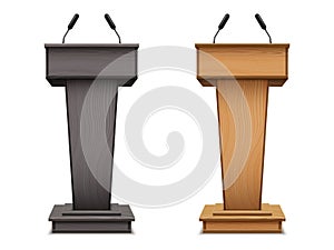 Set of wooden podium or black speech tribune