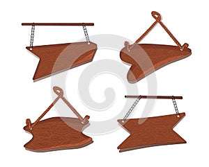 Set of wooden pointers suspended on chains, ropes. 4 hanging signboards with copy space.