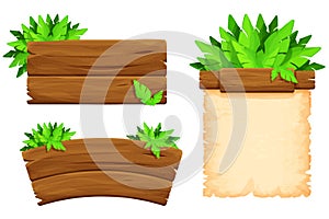 Set wooden signboard with tropical leaves in cartoon style, empty jungle signpost isolated on white background. Ui game