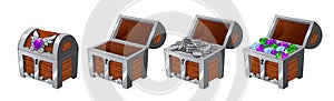 Set of wooden silver chests with coins and diamonds for the game UI.