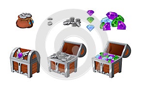 Set of wooden silver chests with coins and diamonds for the game UI.