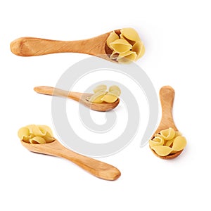 Set of wooden spoon filled with dry conchiglie pasta over isolated white background