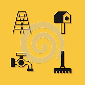 Set Wooden staircase, Garden rake, Water tap and Bird house icon with long shadow. Vector