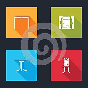 Set Wooden table, Window with curtains, Round and Chair icon. Vector
