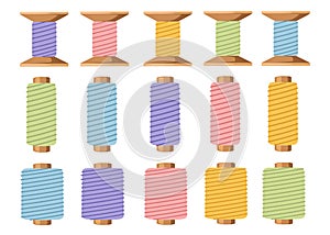 Set of wooden thread spools. Equipment for sewing and tailoring. Accessory for needlework. Flat  illustration isolated on