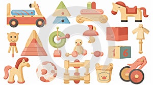 Set of wooden toys. Children's wooden blocks, montessori games, sorters for preschoolers, babies' games