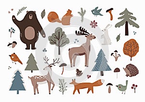 Set of woodland wild forest animals. Cute Scandinavian cartoon deer, bear, moose