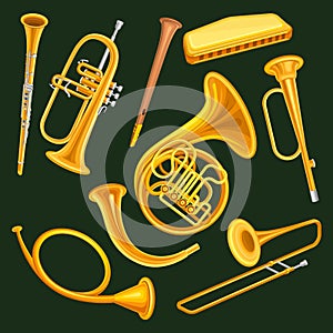 Set of woodwind and brass musical instruments. Clarinet, trumpet, harmonica, wooden pipe sopilka , french horn, hunting photo