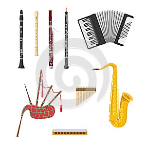 Set of woodwind musical instruments in cartoon style isolated on white background